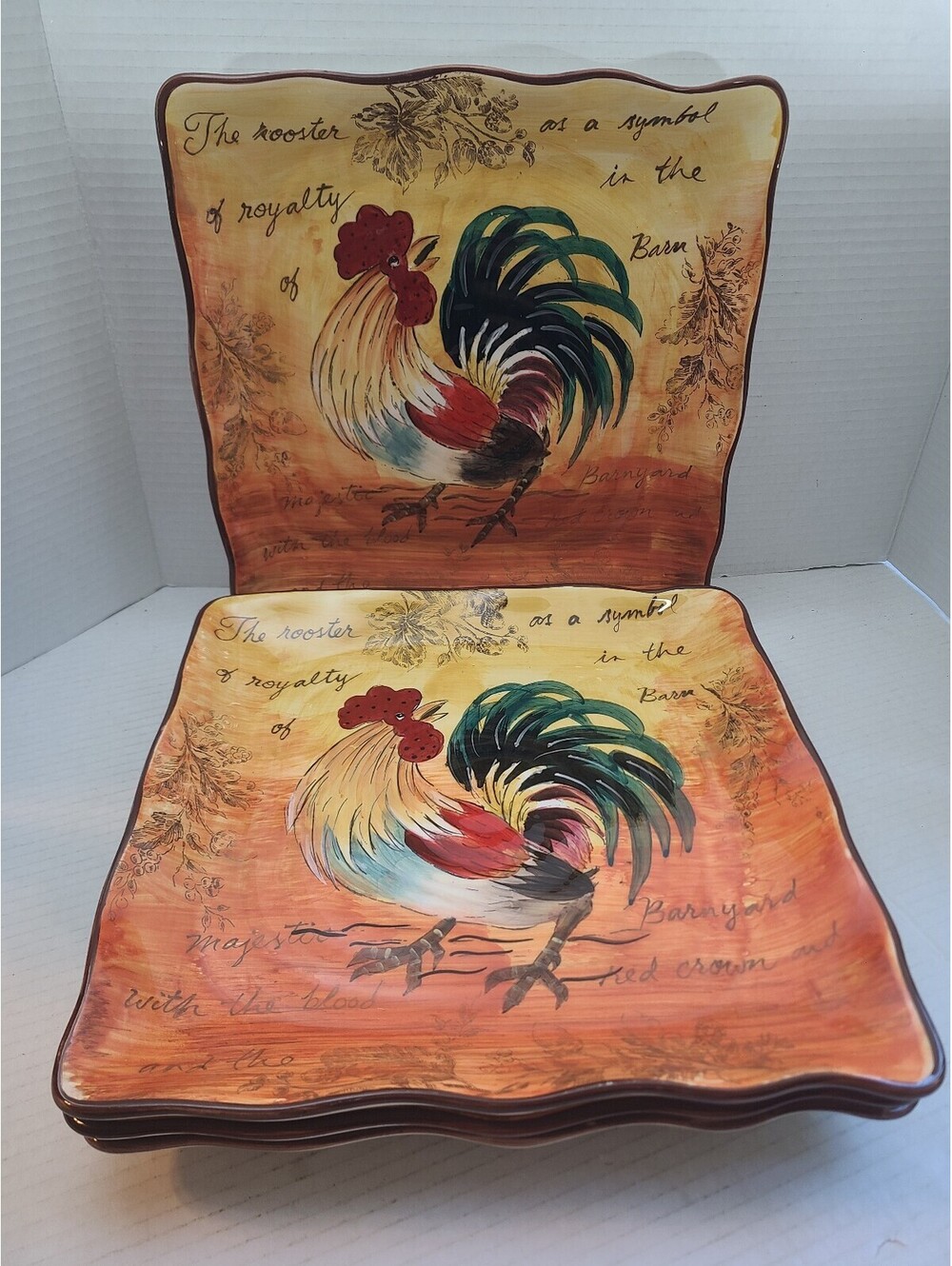 Set of 4 Maxcera Corp Strolling Rooster Square Dinner Plates Tuscan Farmhouse
